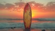  a surfboard sticking out of the water as the sun sets over a beach with waves crashing on the shore and a surfer standing in the surfboard in the foreground.