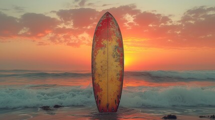 Wall Mural -  a surfboard sticking out of the water as the sun sets over a beach with waves crashing on the shore and a surfer standing in the surfboard in the foreground.