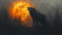  A Painting Of A Wolf Standing In Front Of A Bright Yellow Ball Of Fire In A Dark, Foggy, Foggy, And Tree - Filled Forest Area.