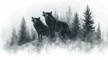  A Black And White Photo Of Three Wolfs Standing In The Middle Of A Forest With Snow Falling Off The Tops Of The Trees And Snow Falling Off The Tops.