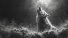  A Black And White Photo Of A Wolf With Its Mouth Open And It's Head Up In The Air Above A Cloud Of Smoke And Light Coming From The Sky.