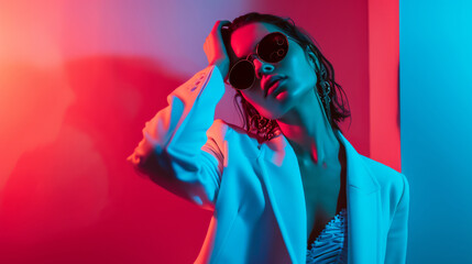 Beautiful fashionable girl with glasses and white jacket in neon red and blue colours