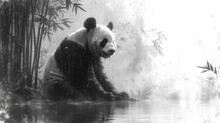 A Black And White Photo Of A Panda Sitting On A Rock Next To A Body Of Water With Bamboo Trees In The Background And A Foggy Foggy Sky.