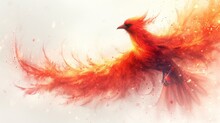  A Red And Orange Bird Flying Through The Air With A Lot Of Fire Coming Out Of It's Wings And A White Back Ground Behind It Is A White Background.