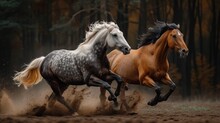  Two Brown And White Horses Running In The Dirt In Front Of A Wooded Area With Pine Trees In The Backgrounge Of The Picture, And A Black And White Horse Running In The Foreground.