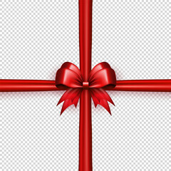 Wall Mural - Template of red realistic 3d bow knot with crossed ribbon on transparent background. Bright glossy three dimensional crisscross tied bow with silk tape as gift wrapping element or present decoration