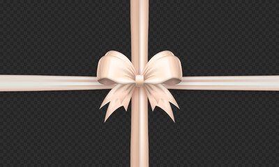 Wall Mural - Template of white realistic 3d bow knot with crossed ribbon on transparent background. Cute pastel three dimensional criss cross tied gift bow with silk tape  for present wrapping or greeting postcard