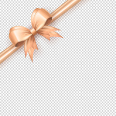 Wall Mural - Realistic 3d cute beige bow on the corner with diagonally silk ribbon on transparent background. Three dimensional satin bow with tapes as frame for greeting card or gift box package, present wrapping