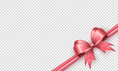 Wall Mural - Template of pink realistic 3d bow knot with crossed ribbon in the corner on transparent background. Three dimensional diagonally tied gift bow with silk tape for present wrapping or greeting postcard