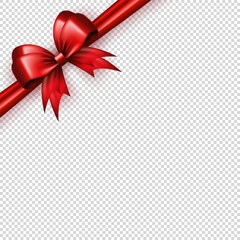 Wall Mural - Realistic 3d bright red bow on the corner with diagonally silk ribbon on transparent background. Three dimensional satin bow with tapes as frame for greeting card or gift box package, present wrapping