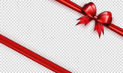 Wall Mural - Template of red realistic 3d bow knot with crossed ribbon in the corner on transparent background. Three dimensional diagonally tied gift bow with silk tape for present wrapping or greeting postcard