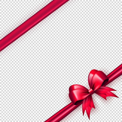 Wall Mural - Template of pink realistic 3d bow knot in the corner with diagonally ribbon on transparent background. Bright glossy three dimensional tied bow with silk tape as present package, gift box wrapping