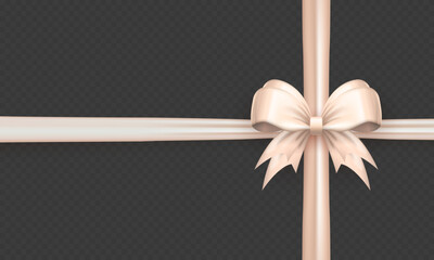 Wall Mural - Realistic 3d cute beige bow with horizontal and vertical silk ribbon isolated on transparent background. Three dimensional satin bow with crossed tapes as gift wrapping element or present decoration