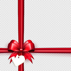 Wall Mural - Realistic 3d red bow with horizontal and vertical silk ribbons and white label tag for text on transparent background. Three dimensional satin bow with crossed tapes as gift, present wrapping element