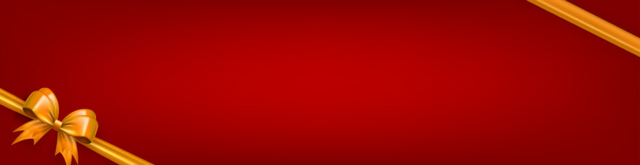 Wall Mural - Red panoramic banner, header with golden realistic 3d bow and empty space for text. Three dimensional silk bow in the corner with ribbon as frame for greeting card or gift box for holidays celebration