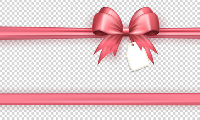 Wall Mural - Three dimensional realistic cute bow knot with satin horizontal ribbon and paper label tag on transparent background. Template of 3d silk pink gift bow for present wrapping or greeting postcards 