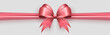 Template of pink realistic 3d bow with horizontal ribbon on transparent background. Cute glossy three dimensional bow knot with silk or satin tape as gift wrapping element or present decoration