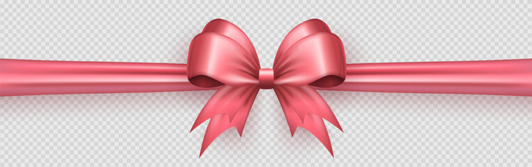 Wall Mural - Template of pink realistic 3d bow with horizontal ribbon on transparent background. Cute glossy three dimensional bow knot with silk or satin tape as gift wrapping element or present decoration