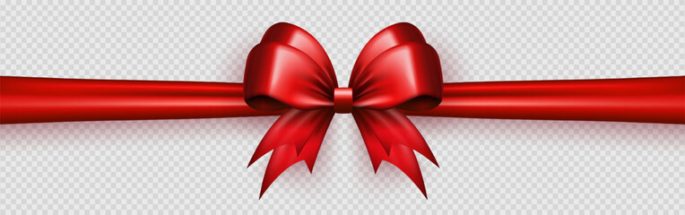 Wall Mural - Three dimensional realistic red bow knot with satin horizontal ribbon on transparent background. Template of 3d silk scarlet gift bow for present wrapping or greeting postcards 