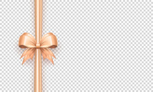Template Of 3d Cute Beige Bow With Vertical Silk Ribbon Isolated On Transparent Background. Three Dimensional Satin Bow With Tapes As Gift Wrapping Element, Present Decoration Or Frame For Card