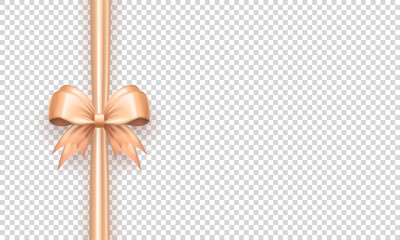 Wall Mural - Template of 3d cute beige bow with vertical silk ribbon isolated on transparent background. Three dimensional satin bow with tapes as gift wrapping element, present decoration or frame for card