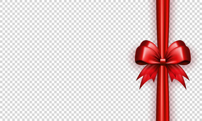 Wall Mural - Template of 3d bright red bow with vertical silk ribbon isolated on transparent background. Three dimensional satin bow with tapes as gift wrapping element, present decoration or frame for card