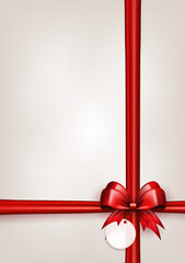 Wall Mural - 3d red bow with horizontal and vertical silk ribbons and paper label tag on white background with copy space. Scarlet bow with crossed tapes as gift box wrap or greeting card with empty place for text