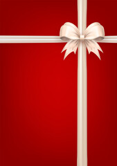 Wall Mural - Template of red vertical banner with realistic 3d white bow knot with crossed ribbons. Poster with beige criss-cross tied bow with silk tape as gift wrapping element or present decoration for holidays