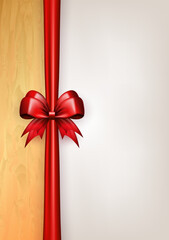 Wall Mural - White banner with red realistic 3d bow and empty space for text. Wallpaper with silk bow and vertical ribbon, golden frame for greeting card or gift box for wedding, birthday, valentines day, etc
