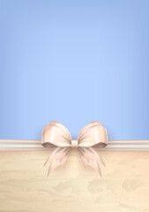 Wall Mural - Design of blank soft blue vertical card with pastel beige 3d bow and golden border with empty space for greeting text. Banner with realistic white bow with horizontal ribbon as frame for holidays 