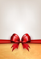 Wall Mural - Template of empty card with red realistic 3d bow with silk horizontal ribbon, golden frame border on white background with copy space for text. Banner with scarlet bow knot as holidays gift box decor 