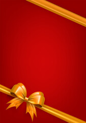 Wall Mural - Red vertical banner with golden realistic 3d bow and empty space for text. Three dimensional silk yellow bow in the corner with ribbon as frame for greeting card or gift box wrapping, present package