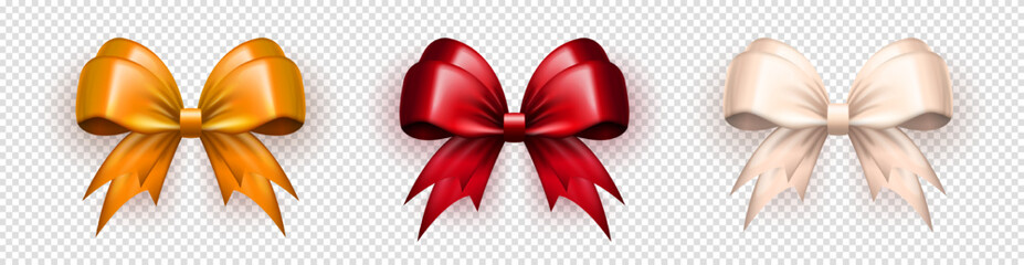 Wall Mural - Set of 3d realistic glossy bows isolated on transparent background. Red, white and golden luxury gift ribbons as design element for greeting cards, present wrapping, celebration banner