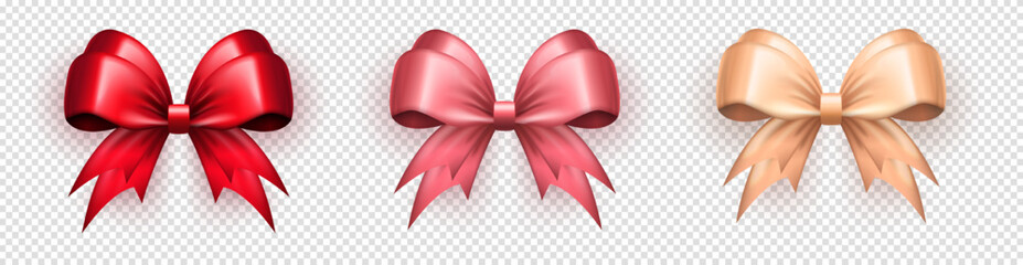 Wall Mural - Set of 3 three dimensional red, pink and beige realistic glossy festive bows on transparent background. 3d colorful decorative silk gift ribbons for present packaging or greeting card