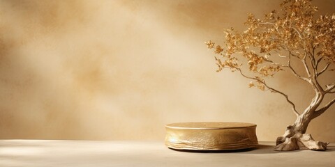 Wall Mural - Golden stucco table with tree shadow background, perfect for showcasing cosmetic products.