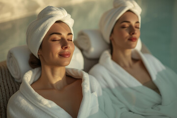 Two women wearing with bathrobes enjoying a day at the spa with their eyes closed