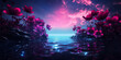 abstract exotic pink flowers, purple and pink sky and blue water fantasy landscape background