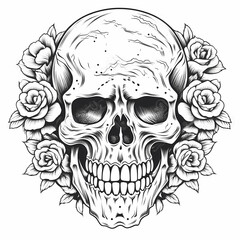 Wall Mural - Decorative skull in tattoo illustration. Hand drawn black ink watercolor isolated on white background. Floral pattern of plants with flowers in retro vintage style design for T-shirt.