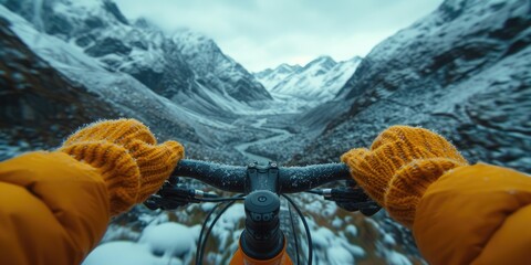 Sticker - Snowy mountains. Cyclist riding a bike