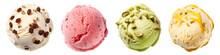 A Set Of Scoops Of Strawberry, Raisins, Pistachio And Banana Ice Cream Isolated On A Transparent Background. Delicacy For Children And Adults. A Design Element To Be Inserted Into A Design Or Project.