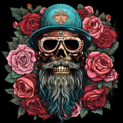 Wall Mural - Rocker Man skull with beard and mustache, tribal tattoo. Hand drawn black ink illustration isolated on white background. Floral pattern of plants with flowers in retro vintage style design