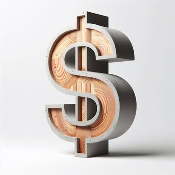 Dollar mark shape created from concrete and wood. AI generated illustration