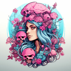 Wall Mural - Woman skull tattoo. Hand drawn colorful and black illustration isolated on white background. Floral pattern of plants with flowers in retro vintage style design