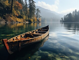 Wall Mural - Amidst the tranquil waters and soaring mountains, a lone canoe navigates its way through the picturesque landscape, a symbol of freedom and adventure on the open water