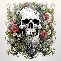 Wall Mural - Decorative skull in tribal tattoo. Hand drawn colorful and black illustration isolated on white background. Floral pattern of plants