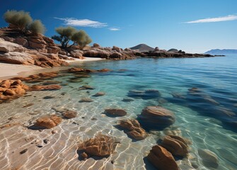 Wall Mural - Amidst a serene landscape of tropical trees and rocky shores, the crystal blue waters of a lagoon meet the azure sky in a breathtaking display of nature's beauty