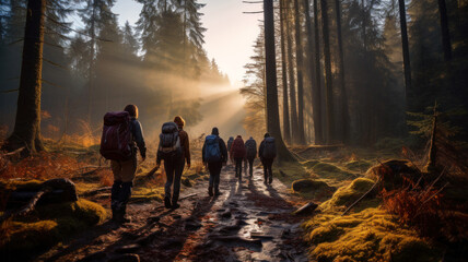 People walk in forest at sunset, group of hikers in pine woods. Scenic view of men, sunlight and trees in summer or autumn. Concept of hiking, journey, nature, adventure