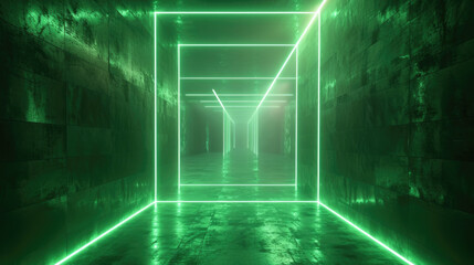 Wall Mural - Abstract neon tunnel background, perspective of empty hallway with led green light. Modern design of underground garage, futuristic room interior. Concept of studio, laser