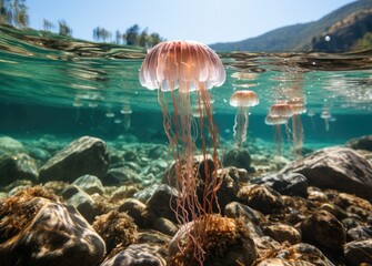 Wall Mural - Graceful marine organism, the jellyfish, glides through the underwater world surrounded by rocky formations, creating a serene and captivating scene in this outdoor aquarium