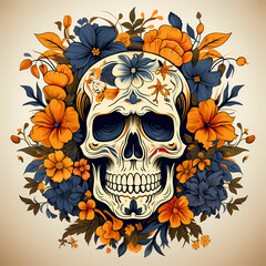 Decorative skull in tribal tattoo. Hand drawn colorful and black illustration isolated on colored background. Floral pattern of plants